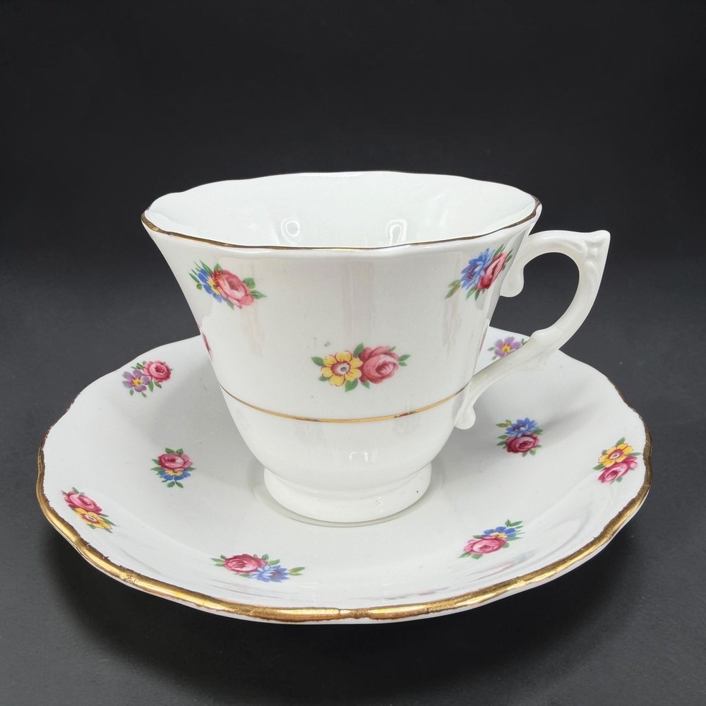 Colclough Bone China Tea Cup and Saucer Set Floral Pink Rose Gold Trim England